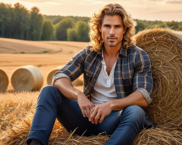Young man on hay bale in golden sunset field