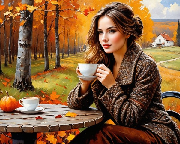 Autumn Landscape with Woman and Seasonal Decor