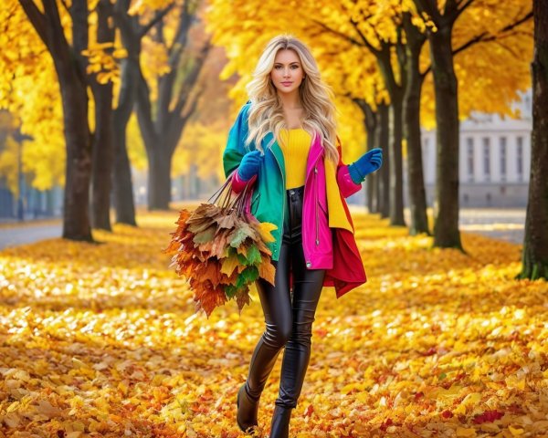 Woman in Autumn Landscape with Colorful Leaves