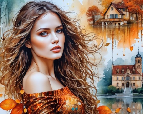 Young woman in golden top amid autumn scenery