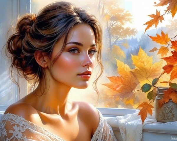 Portrait of a Young Woman by an Autumn Window