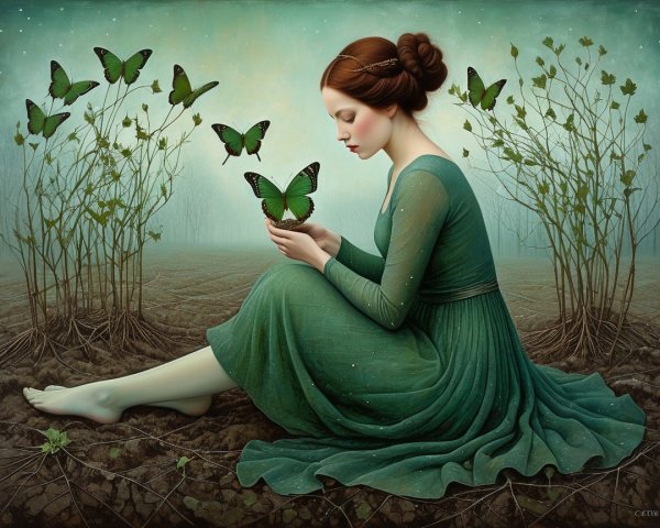 Young Woman in Green Dress Surrounded by Butterflies