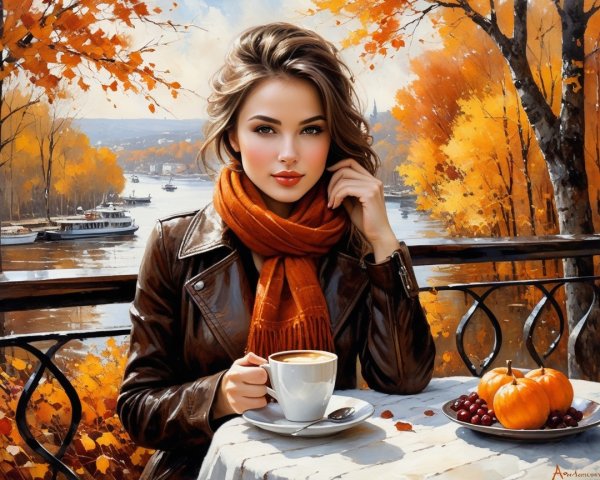 Woman at outdoor café in autumn with coffee and decor