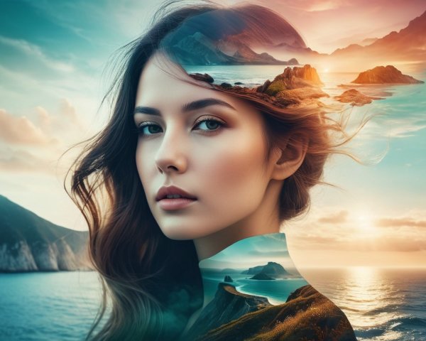 Portrait of a Woman Merging with Coastal Landscape