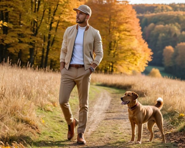 Man in Beige Outfit Walking with Dog in Autumn Scene