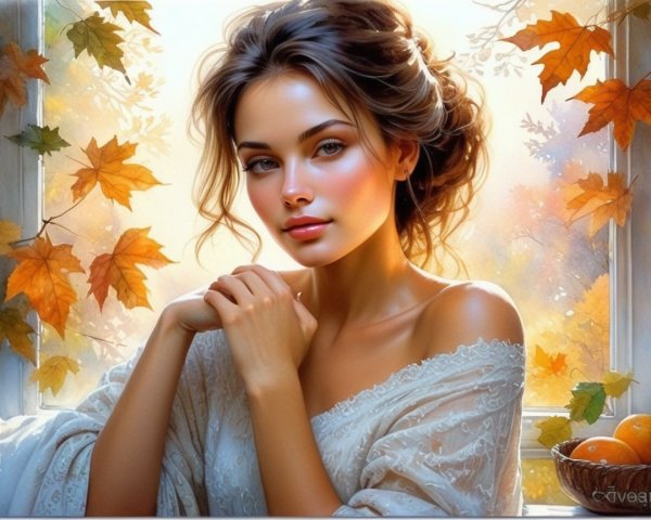 Young Woman Gazing Out a Sunlit Window in Autumn