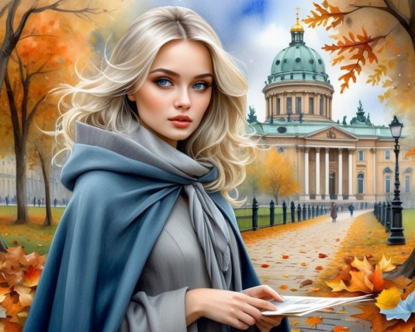 Young Woman in Cloak in Autumn Park Setting