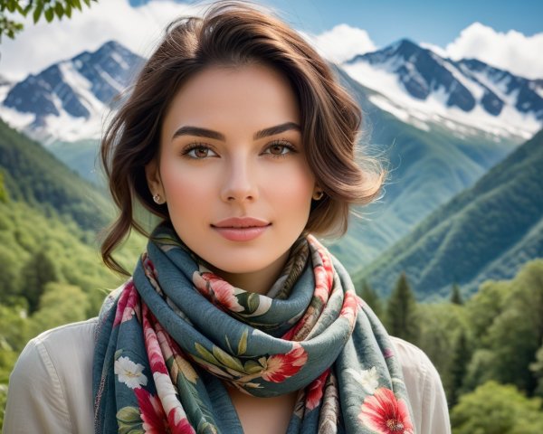 Young Woman in Scenic Mountain Landscape with Scarf