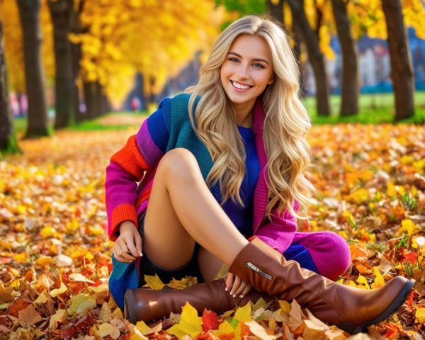 Young woman in colorful sweater among autumn leaves