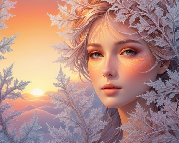 Serene Portrait of a Young Woman with Frosty Leaves