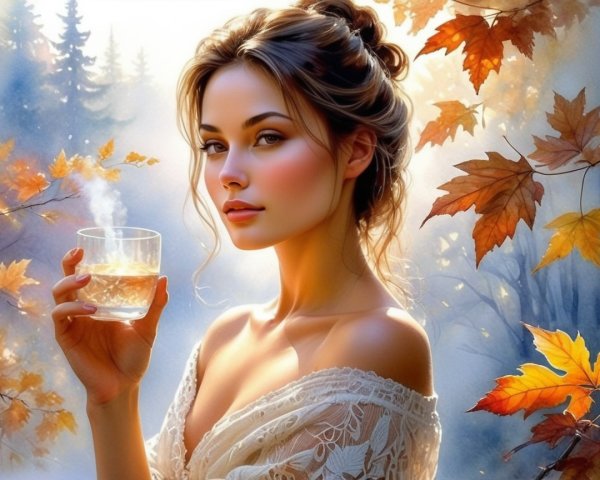 Young Woman in Autumn Landscape with Glass of Drink