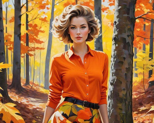 Woman in Autumn Forest with Vibrant Foliage
