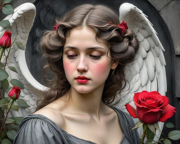 Serene Young Woman with Wings and Red Roses