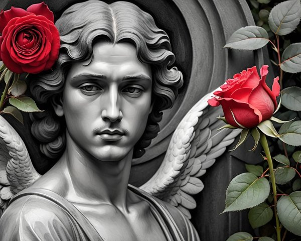 Sculpture of Male Angel with Roses and Floral Background