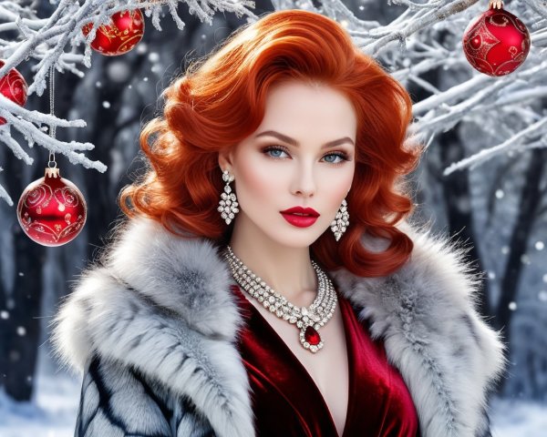 Elegant Woman in Gray Fur Coat and Red Velvet Dress