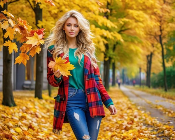 Young Woman in Autumn Setting with Colorful Leaves
