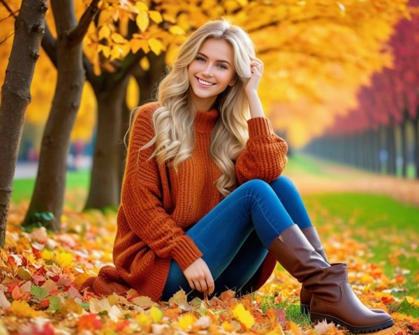 Young woman in autumn leaves with vibrant trees