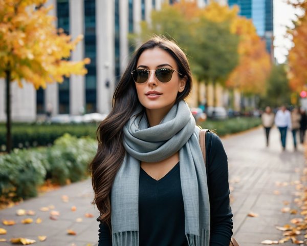 Young woman in autumn city street with foliage