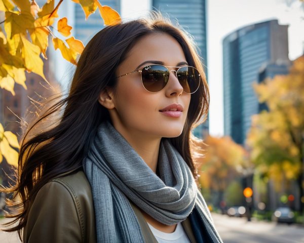 Young woman in stylish sunglasses in urban autumn scene