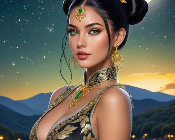 Elegant Woman in Black and Gold Gown with Moonlit Sky