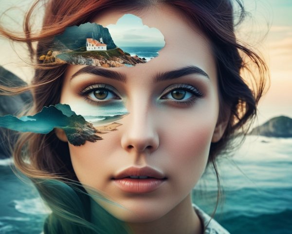 Young woman with surreal coastal landscape backdrop