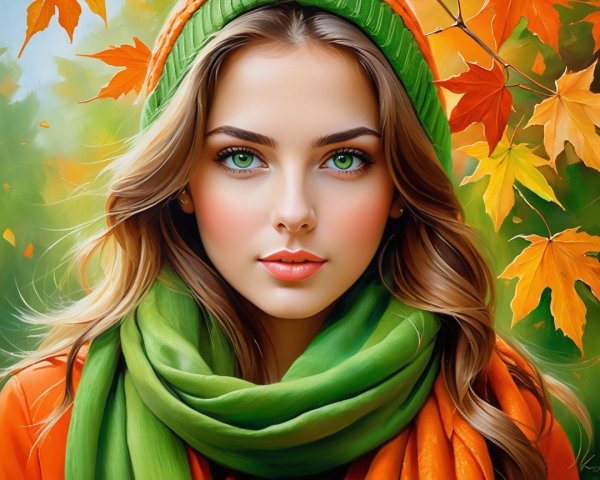 Young Woman in Vibrant Autumn Leaves Portrait