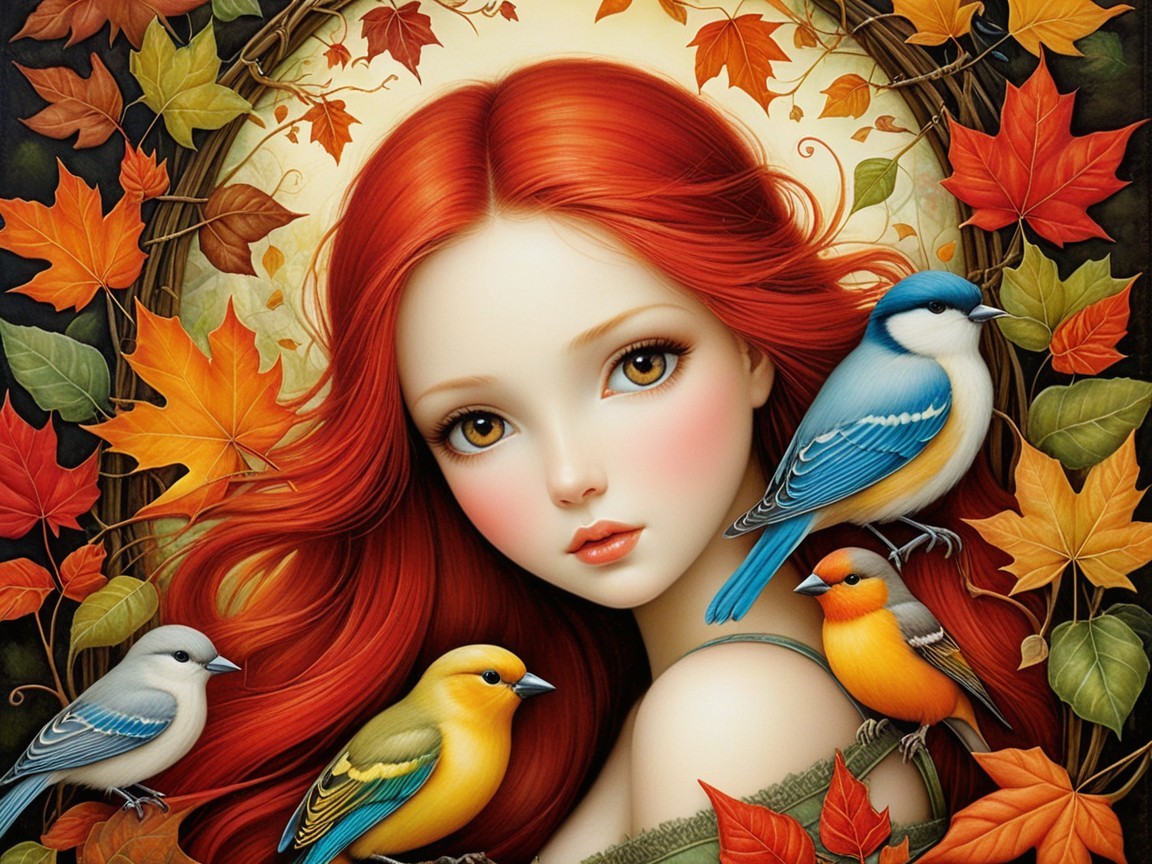 Young woman with red hair and colorful birds in autumn