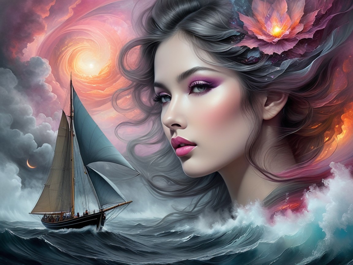 Surreal Image of Woman with Flower and Sailboat