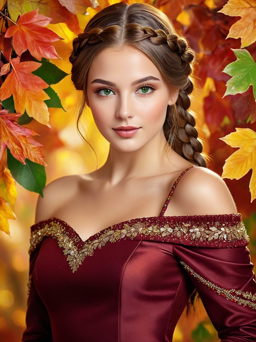 Young Woman in Burgundy Gown Among Autumn Leaves