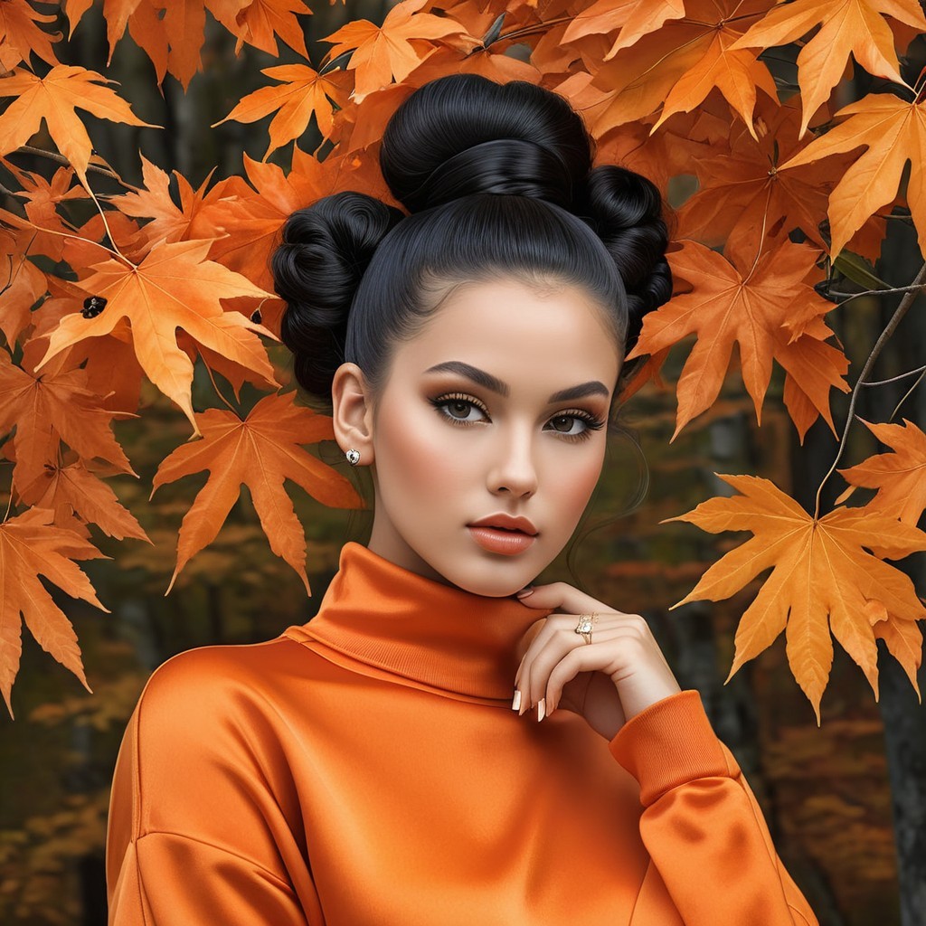 Young Woman in Orange Turtleneck Amid Autumn Leaves
