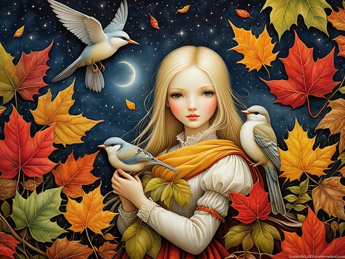 Serene girl with birds in autumn leaves under stars