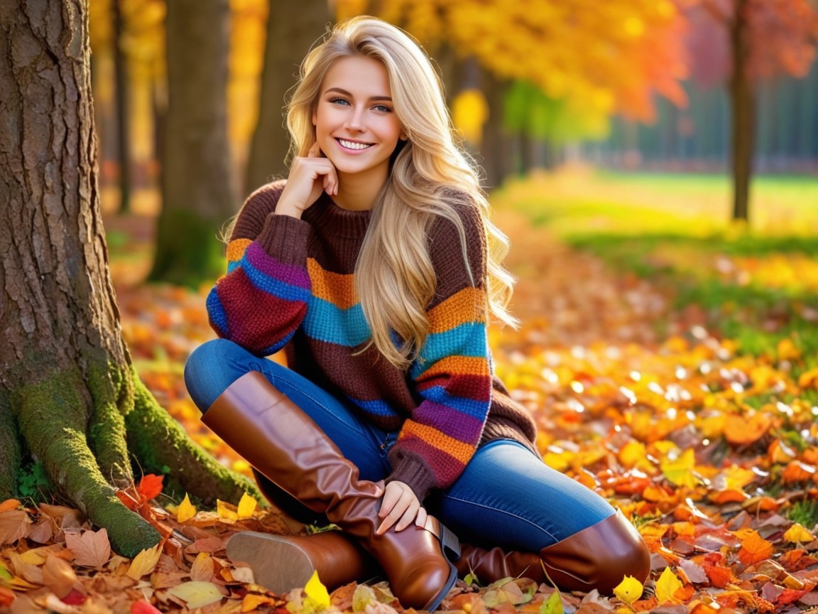 Young Woman in Autumn Setting with Colorful Leaves