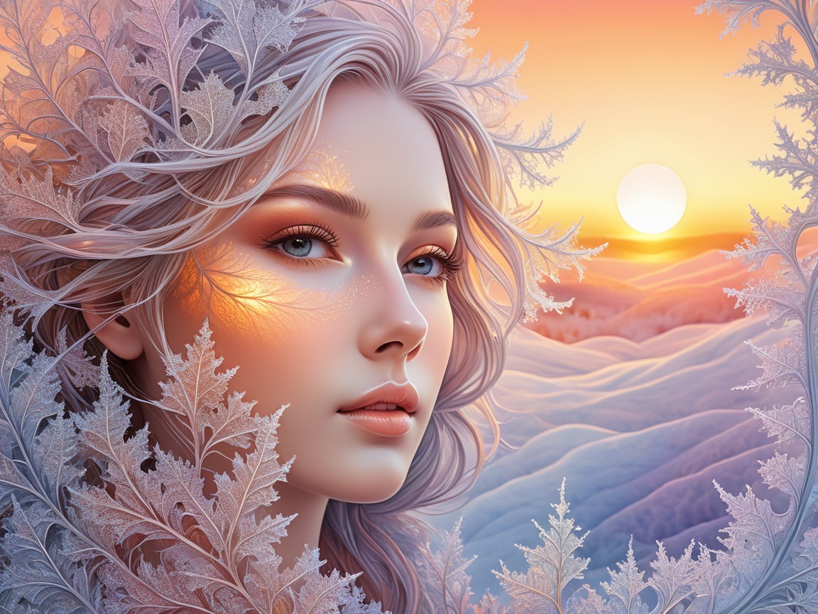 Portrait of a Woman Amid Frosty Foliage and Sunset