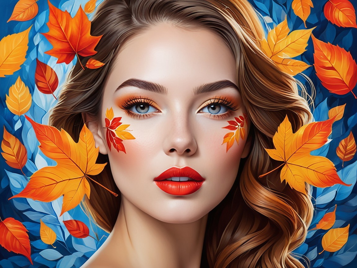 Portrait of a Woman with Autumn Leaves and Blue Eyes