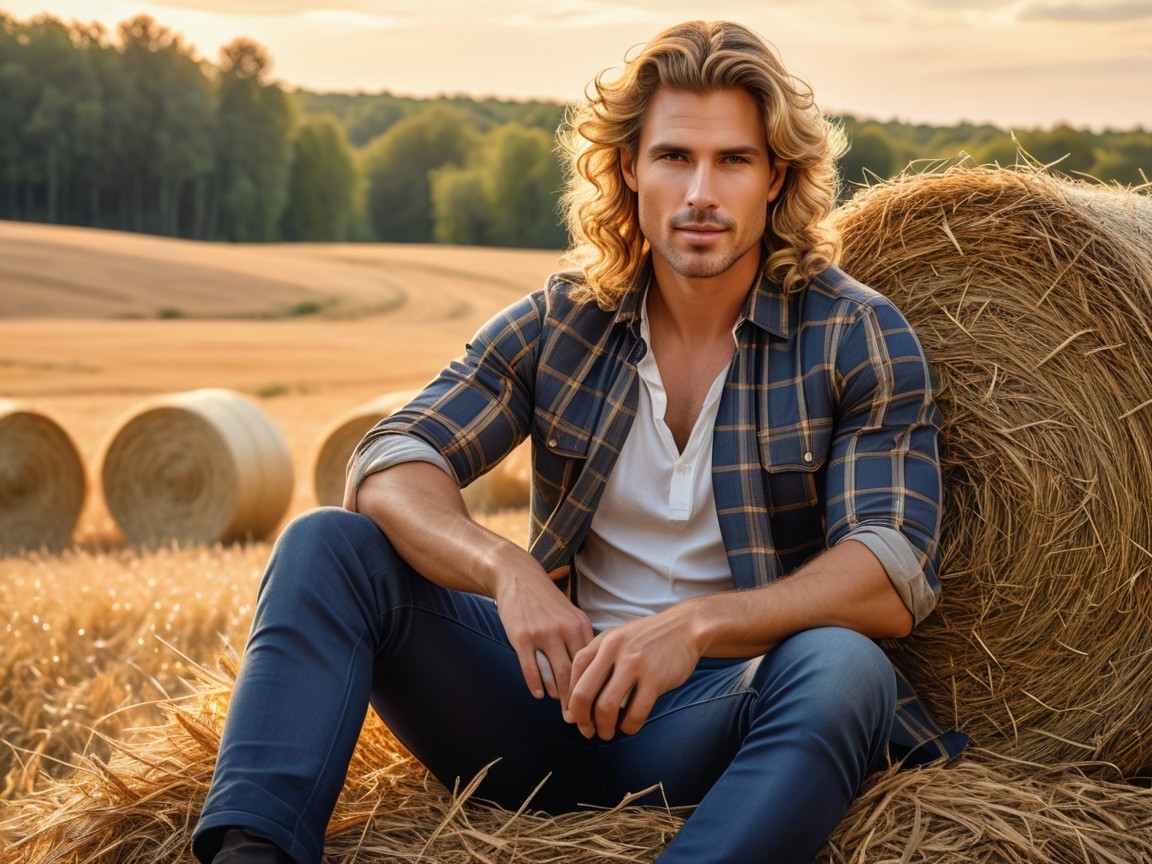 Young man on hay bale in golden sunset field