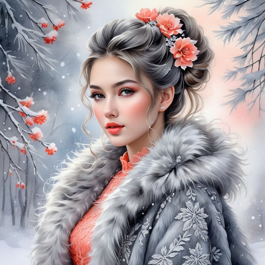 Serene Winter Scene with Woman in Coral Dress