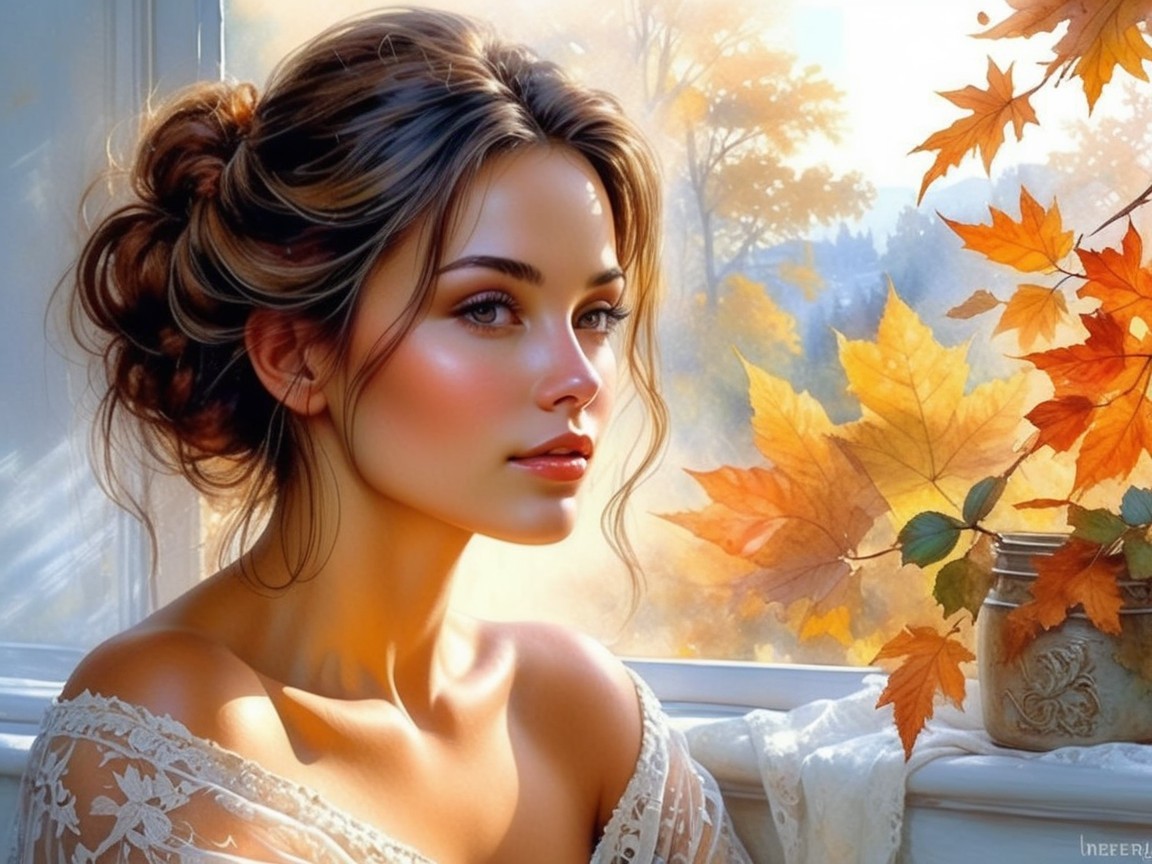 Portrait of a Young Woman by an Autumn Window