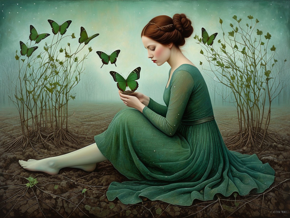 Young Woman in Green Dress Surrounded by Butterflies