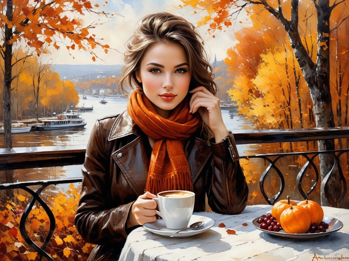 Woman at outdoor café in autumn with coffee and decor