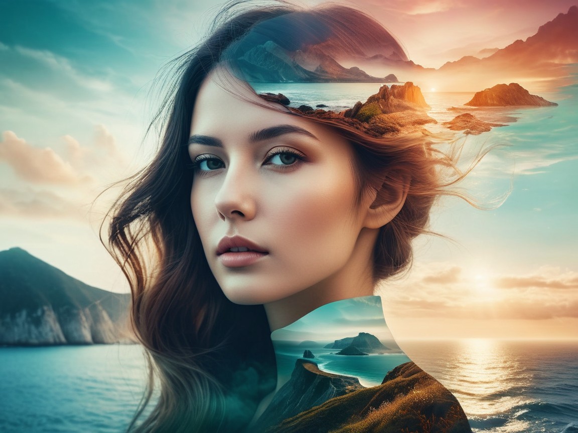 Portrait of a Woman Merging with Coastal Landscape