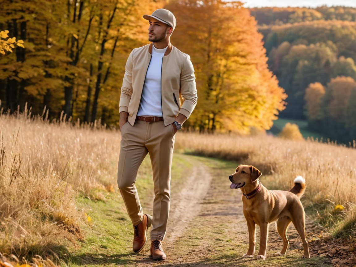 Man in Beige Outfit Walking with Dog in Autumn Scene