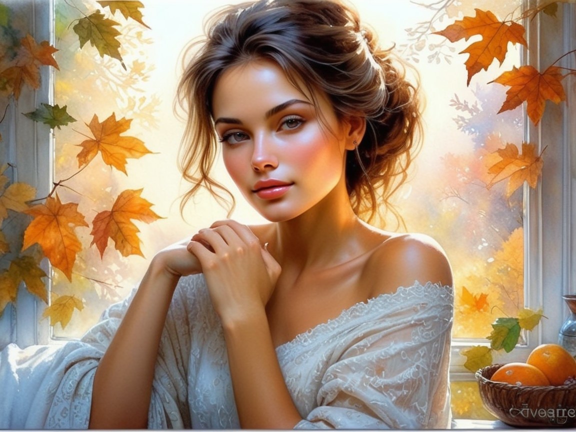 Young Woman Gazing Out a Sunlit Window in Autumn