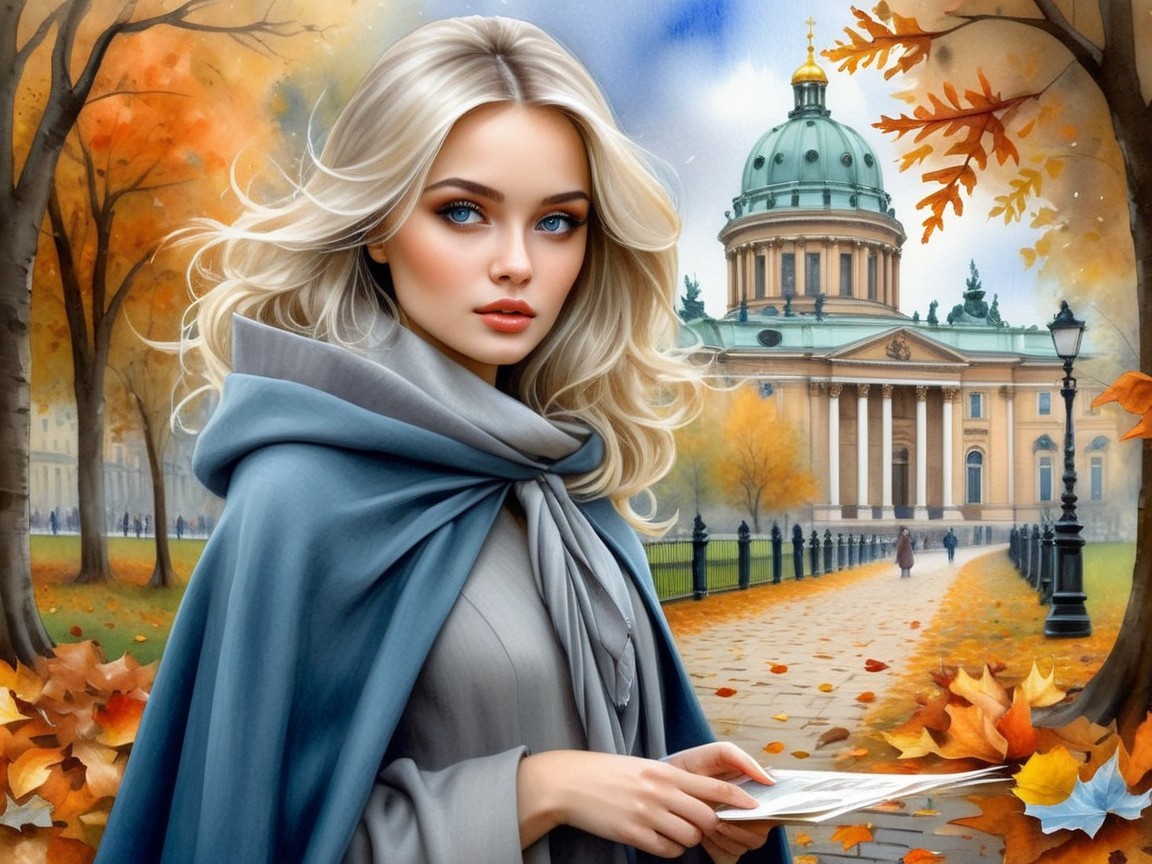 Young Woman in Cloak in Autumn Park Setting