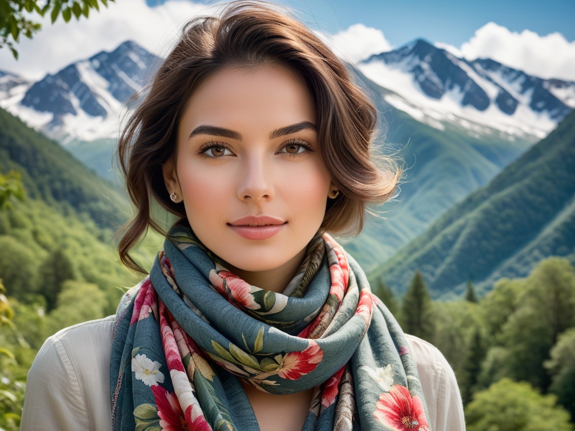 Young Woman in Scenic Mountain Landscape with Scarf