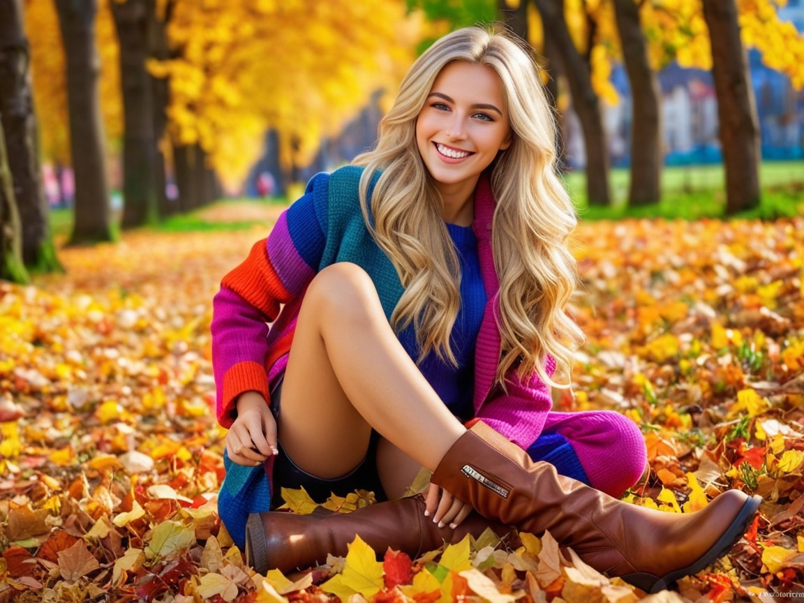 Young woman in colorful sweater among autumn leaves
