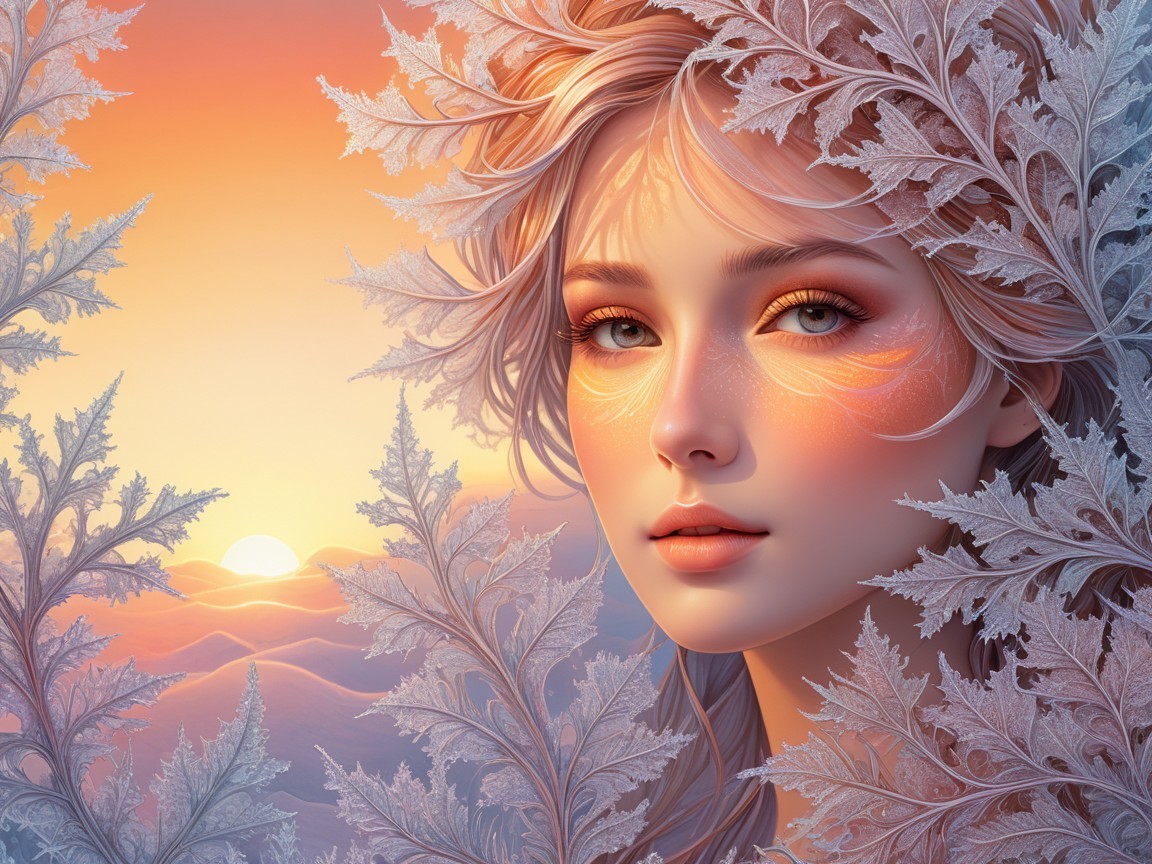 Serene Portrait of a Young Woman with Frosty Leaves