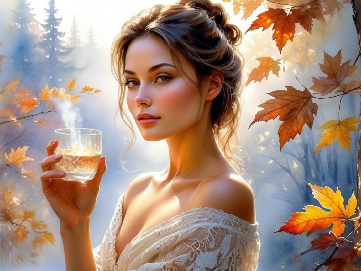 Young Woman in Autumn Landscape with Glass of Drink