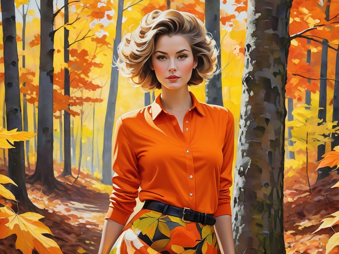 Woman in Autumn Forest with Vibrant Foliage
