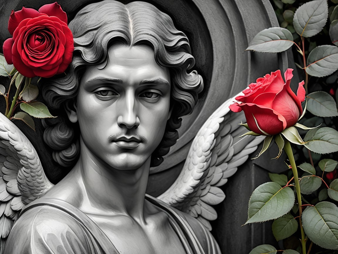 Sculpture of Male Angel with Roses and Floral Background