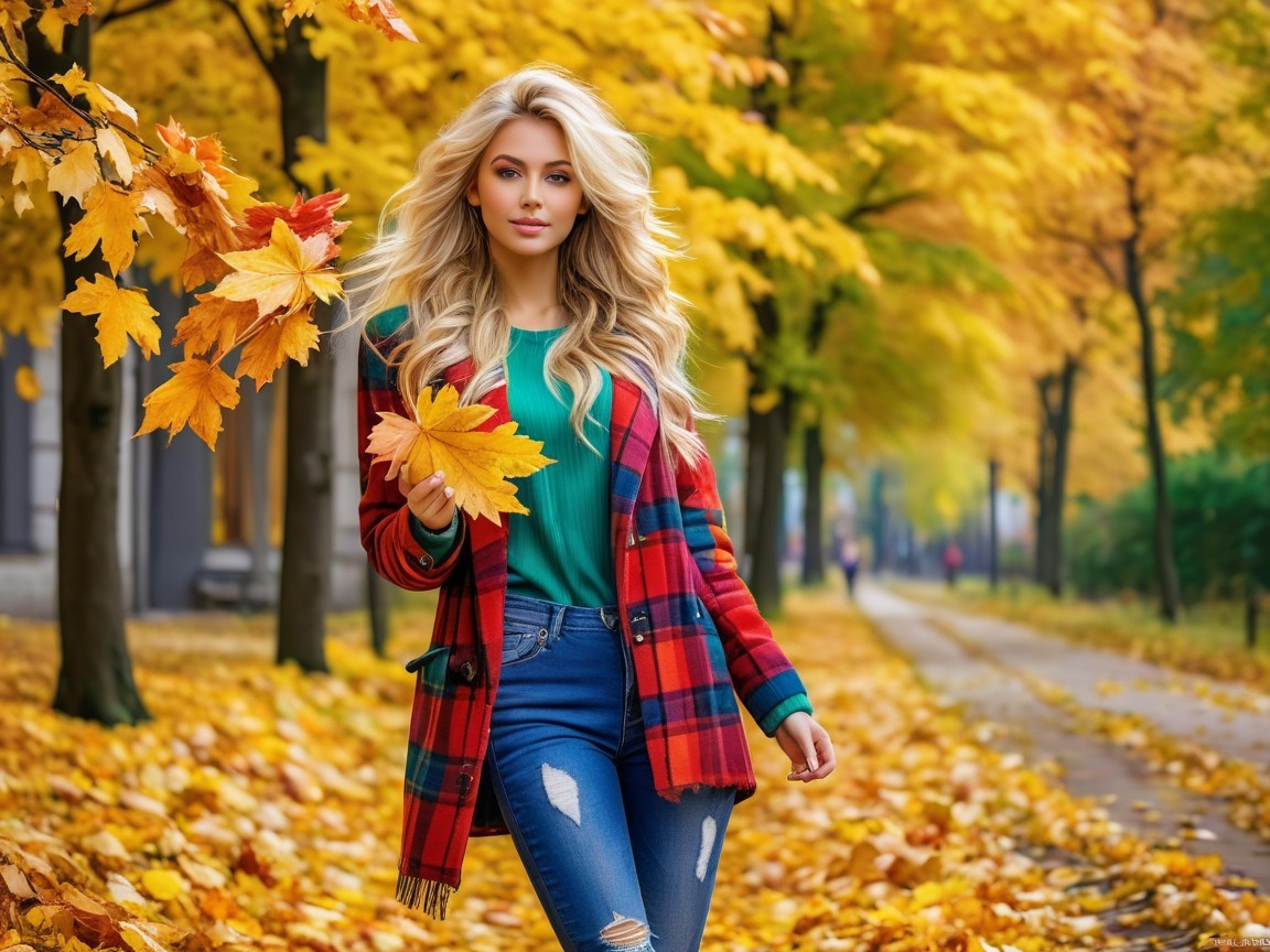 Young Woman in Autumn Setting with Colorful Leaves